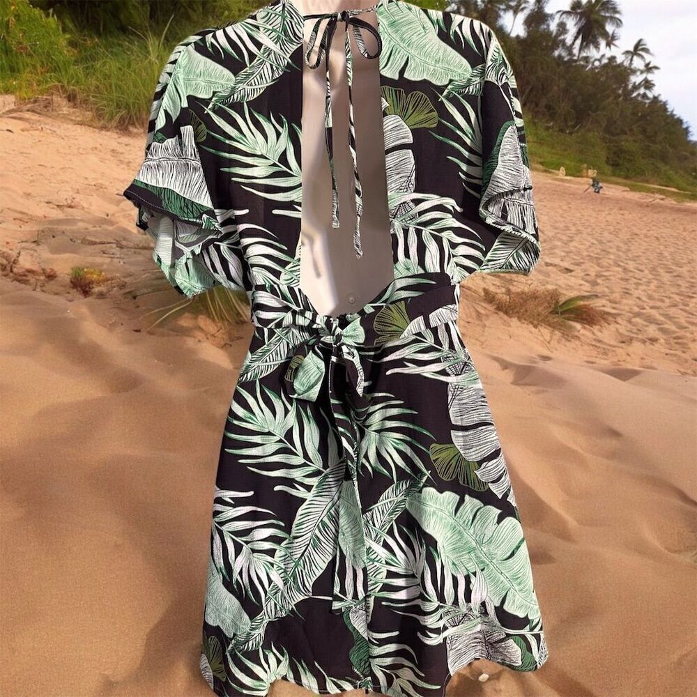 Floerns Tropical Leaf Print V-Neck Cut Out Back Dress Flutter Sleeve Tie-Back - Picture 3 of 9
